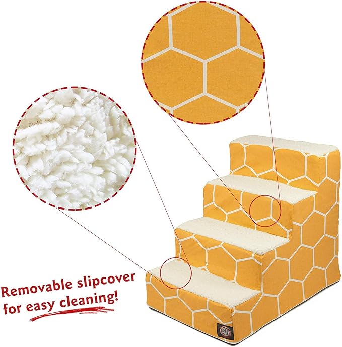 Majestic Pet 4 Step Portable Dog Stairs for Small Dogs to get on Bed Supports 250 lbs or Less – Dog Steps for High Bed with Machine Washable Cover –Pet Stairs for Cats Hexo Shapes Yellow