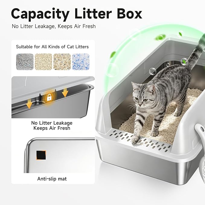 Stainless Steel XL Cat Litter Box for Cats, High-Sided Design Prevents Urine Leakage, Non-Stick, Easy to Clean, Includes Scoop, Gray