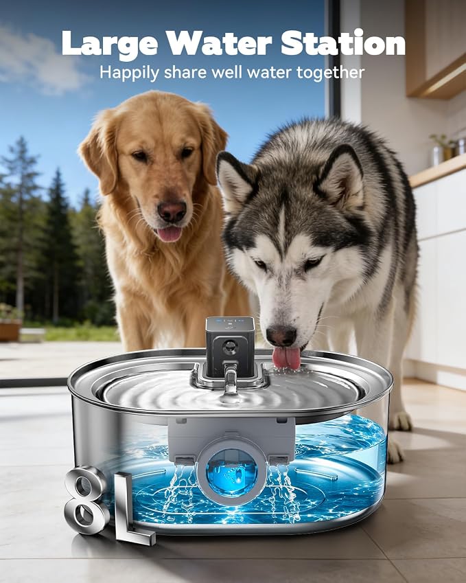 Wireless Dog Water Fountain, 8L/2.1Gal Battery Operated Dog Water Bowl Dispenser, Cordless Stainless Steel Pet Water Fountain with 3 Motion Sensor for Multi-Pets, Easy Setup