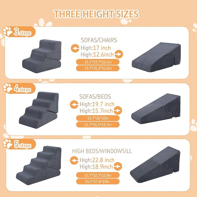 Dog Ramp for Bed, 16.5" H Dog Stairs for High Bed, 2 in 1 Pet Steps for Small Dogs, 3-Step Foldable Transformable Large Cats Ramp to Get on Couch, Non-Slip Balanced, Grey