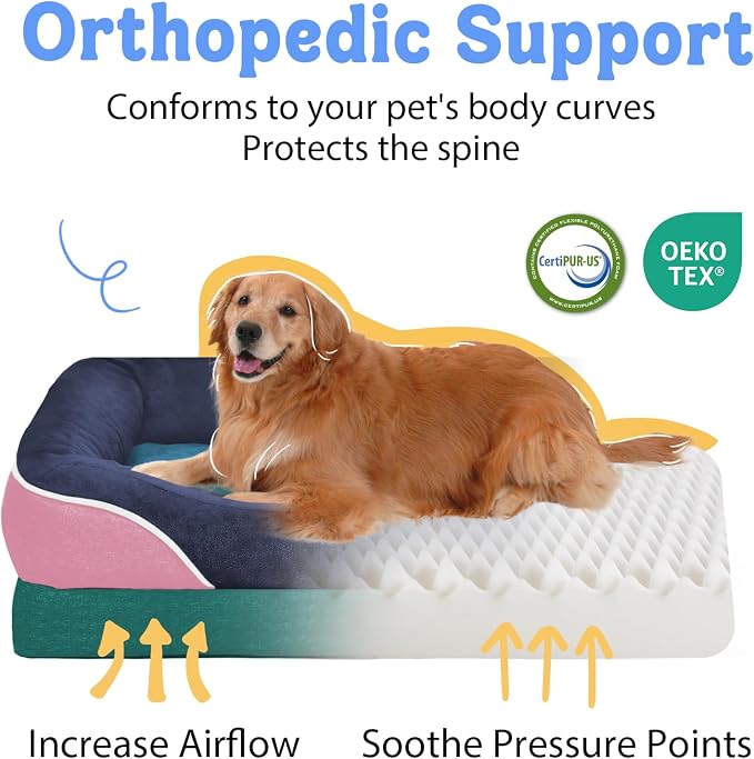Chez Paw XXL Orthopedic Dog Bed for Extra Large Dogs, Extra Thick Egg-Crate Foam Waterproof Pet Couch with Removable Washable Cover, 4-Sided Bolster & Non-Slip Bottom, Navy Blush 45"x35"x7.5"