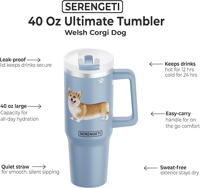 SERENGETI 40 Oz Ultimate Tumbler with Handle and Straw - Vacuum Insulated Tumbler with Straw and Lid - Stainless Steel Travel Mug for Pet Lovers - 3D Designs of your favorite Dog (Welsh Corgi)