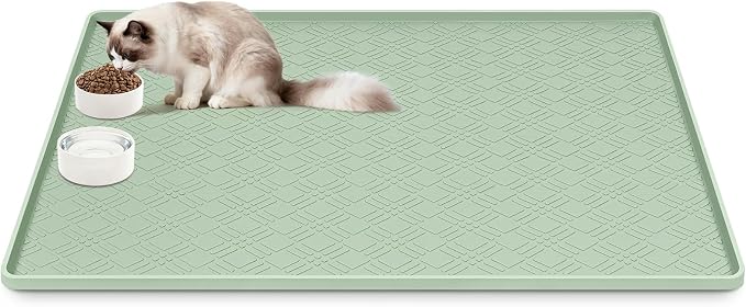 Cat Food Mat, 42" x 29" Large Silicone Mat Cat Feeding Mat with Raised Edge Non-Slip Pet Feeding Mat for Food and Water Bowl, Easy to Clean, Floor Protection (Light Green)