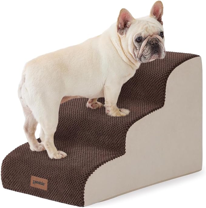 ZOMISIA Dog Stairs for Small Dogs - Pet Stairs for Couch and Bed, 35D Foam Dog Steps Ramp with Non-Slip Bottom Brown, 3 Steps