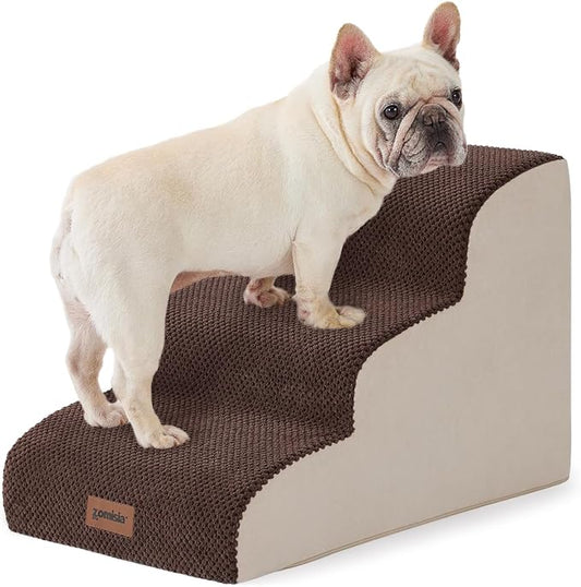 ZOMISIA Dog Stairs for Small Dogs - Pet Stairs for Couch and Bed, 35D Foam Dog Steps Ramp with Non-Slip Bottom Brown, 3 Steps