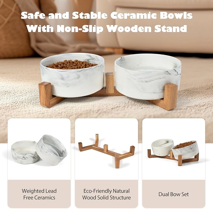 Dog Bowls Set with Wood Stand, 1.7-Cup Ceramic Puppy Bowls for Small Dogs,Weighted Food Water Bowl Set for Dog and Cat