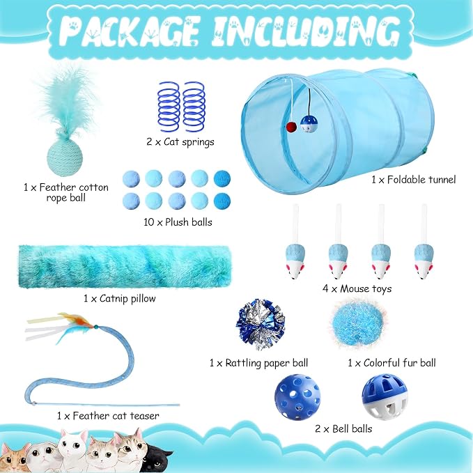 Foilswirl 24 Pcs Cat Toys Set Interactive Kitten Toys Pack Including Collapsible Play Tunnel Feather Teaser Wand Fuzzy Ball Springs Pillow Mouse Bells for Indoor Cats Puppy(Blue,Classic)