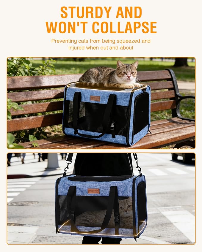 PETUX Large Pet Carrier for Large Cats up to 20 lb for Travel | Top & Side Entry, 4 Side Breathable, Foldable Soft Cat Travel Carrier with Safety Car Seat Buckle & Anti-Scratch Mesh, Blue