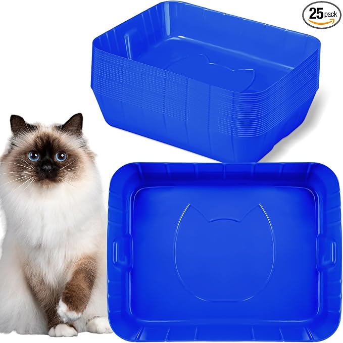 Bokon 25 Count Disposable Litter Box for Cat, Large Disposable Litter Tray for Travel Home Durable Portable Plastic Kitty Litters Boxes Leak-resistant Easy-grip Rim, 15.7 x 11.8 x 3 Inches(Royal Blue)