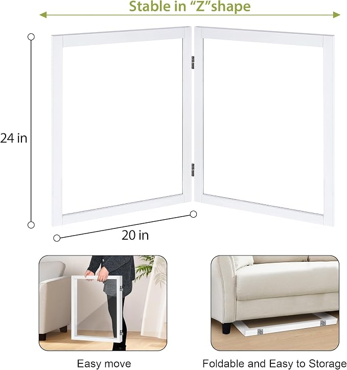 LZRS Clear Dog Gate for Indoor Use - Transparent Pet Fence with Solid Hardwood and Plastic Board, Stylish & Durable freestanding Pet Gate for Doorways, Stairs and Hallways-2 Panel White