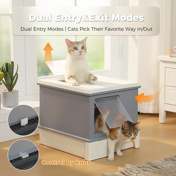 PEQULTI Large Cat Litter Box with Lid, 88L High Capacity Covered Kitty Litter Box, Anti-Leaking Raised Edge Guard, Pull-Out Drawer Design & Foldable Large Scoop, Front & Top Entry for Big Cats, Grey