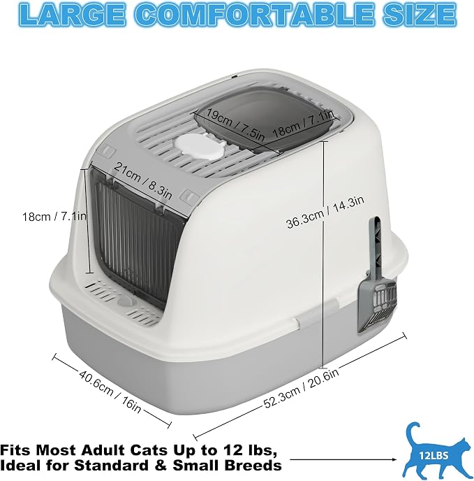 Cat Litter Box with Scoop, Front Entry Covered Litter Box with Lid, Top Exit Kitty Litter Box, Easy to Clean Durable Plastic Litter Pan, Ideal Size for Small to Medium Cats 20.6”×16”×14.3”Grey