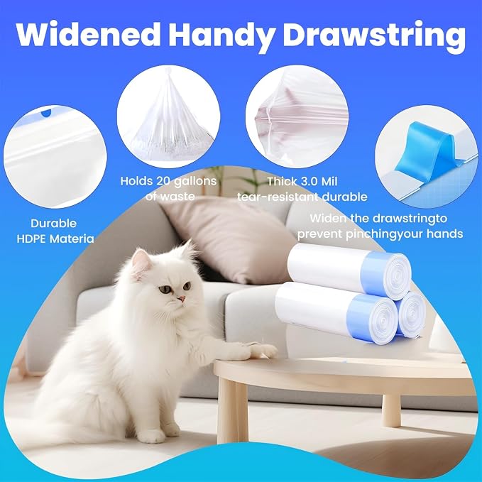 60 Pack Large litter box liners - 3MIL Extra Thick Leakproof Litter Box Liners, 31"x18" Heavy Duty Drawstring Cat Litter Liners, Odor Control Disposable Kitty Litter Bags 6 Roll