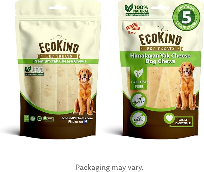 EcoKind Yak Cheese Himalayan Dog Chews, Yak Chews for Large Dogs, Long Lasting Bone for Aggressive Chewers, 4 Ingredient Natural High Protein Treats, No Additives, Lactose Free, Bacon, Large - 5 Chews