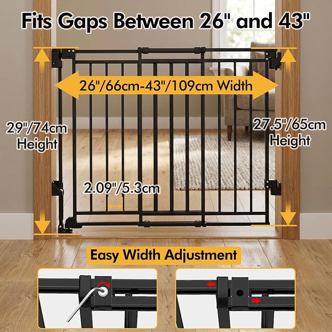 Baby Gate for Stairs & Doorways - Fits Openings 26 to 43 Inches Wide (Must Drill to Install) | 29" Extra Tall with No Bottom Bar | One-Handed Auto-Close Walk-Thru Gate for Kids & Pets, Black