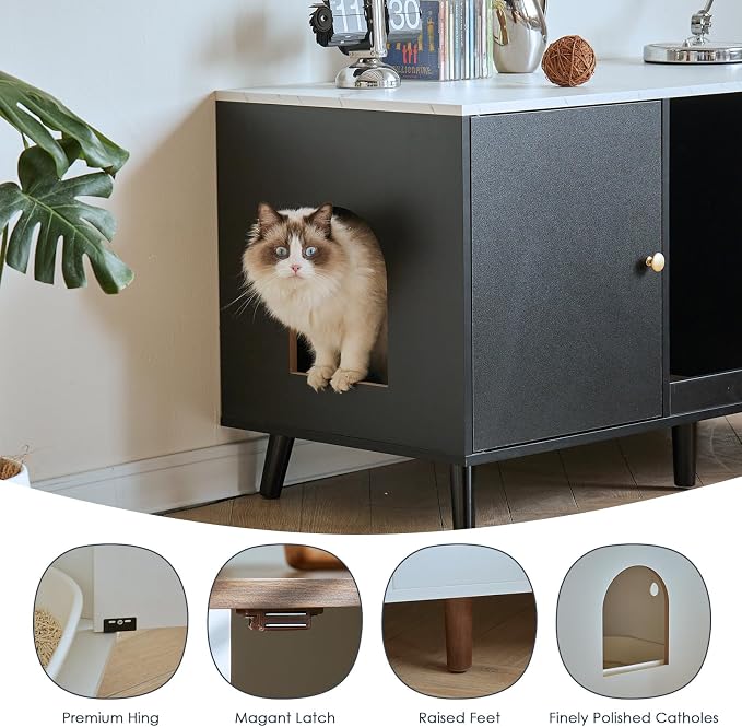 Litter Box Enclosure for Cats, Hidden Cat Litter Boxes Furniture with Cat Scratch Pad, Indoor Pet House with Double Room, Wooden TV Stand Side Table, Black