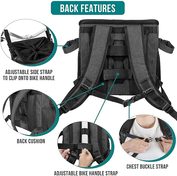 PetAmi Dog Bike Basket, Soft-Sided Ventilated Dog Bike Carrier Backpack, Pet Bicycle Basket for Bike Handlebar, Small Medium Puppy Cat Kitten Car Booster Seat with Safety Strap, Max 18 lbs, Dark Gray