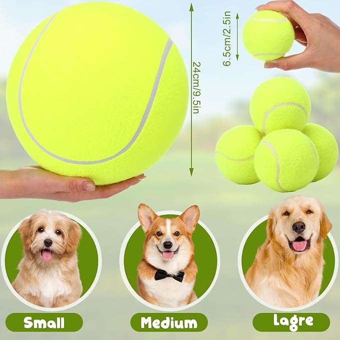 Blueweenly 8 Pack Dog Tennis Balls, 4 Large 9.5" 4 Small 2.5" Tennis Balls for Dogs, Outdoor Herding Dog Toys with Inflation Needle, Pet Birthday Sports Gifts for Small Medium Large Dogs