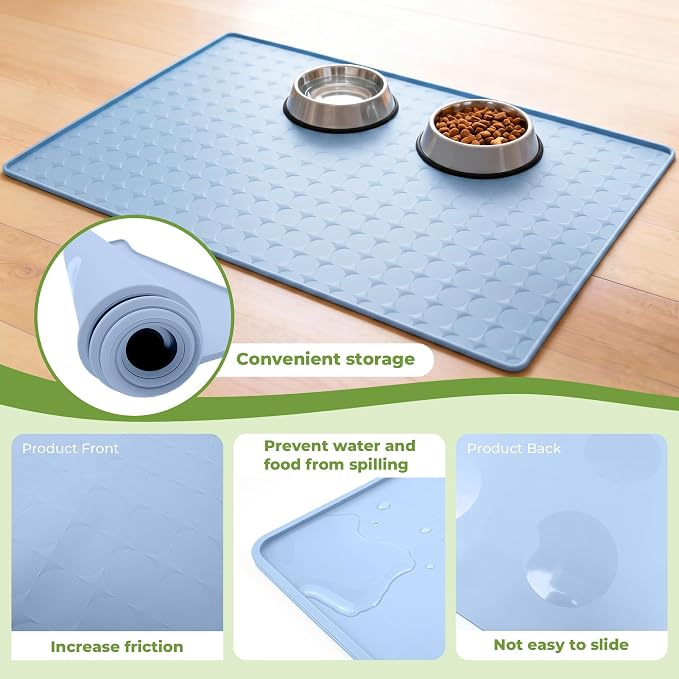 Extra Large 34x22 Inch Machine Washable Silicone Pet Food Mat - Waterproof Dog & Cat Bowl Mat with Raised Edge, Non-Slip Floor Protector for Large Dogs, Multi-Pet Homes (Blue)
