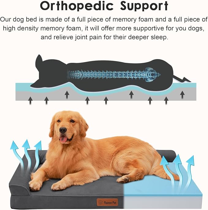 Rainmr Orthopedic Dog Bed for Large Dogs, 41"x27"x6" Memory Foam Pet Bed with Washable Microsuede Cover, TPU Waterproof Liner & Nonskid Bottom, for Indoor, Outdoor, Crate ＆ Car Use, Dark Grey