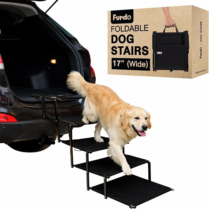 Dog Stairs for Large Dogs, for Medium Dogs, Foldable Dog Ramp for Car & SUV, Steps for Bed, Wide Non-Slip Pet Steps for Car Side Door, Truck & High Beds, Portable & Adjustable - 17" Wide