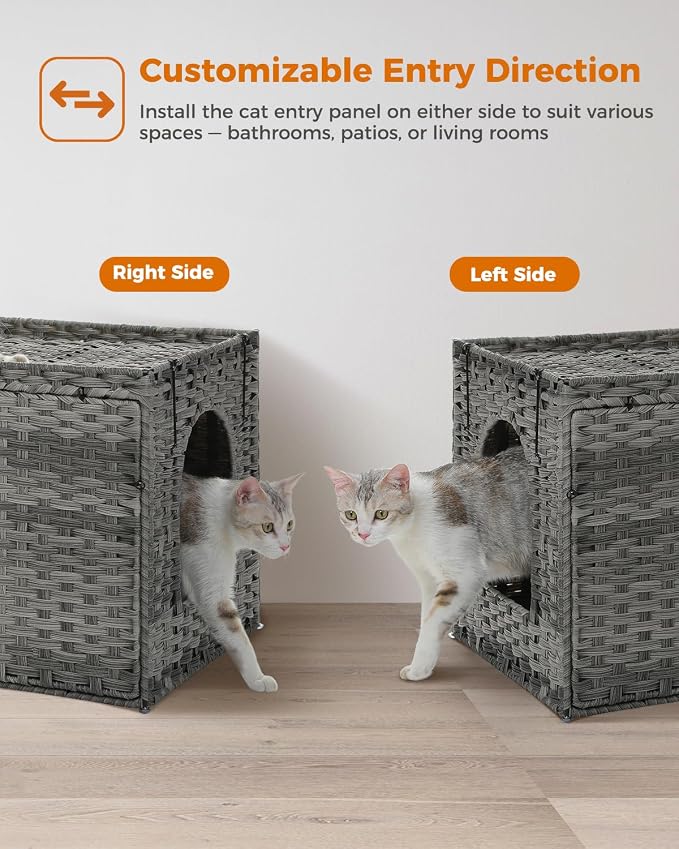 MUTTROS Rattan Cat Litter Box Enclosure Extra Large, Hidden Litter Box Furniture with Handwoven Wicker, Tall Doorway, Raised Edge Mat & Flip-Top Lid for Large Cats, Indoor Odor Control, Gray