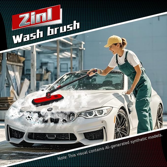 Car Duster Exterior with Extendable Handle, Scratch Free Auto Wash Brush Mop, Interior Detailing Kit for Truck RV Boat - 2in1-2 Heads (Chenille & Wax Cotton) with 1 Pole, Dark Red