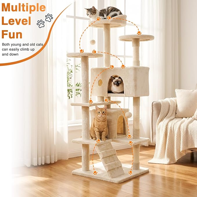 FDW | 54" Cat Tree Tower | Beige | Multi-Level Indoor Activity Center with Sisal Scratching Posts, Condos, Plush Perches, Hanging Cat Toys | Sturdy, Easy to Assemble | for Kittens & Adult Cats