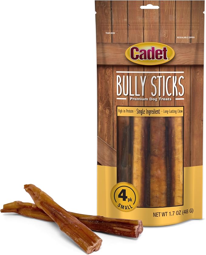 Cadet Bully Sticks for Small Dogs, All-Natural Beef Pizzle, Long-Lasting Rawhide Free Dog Treats for Aggressive Chewers, 4 Count