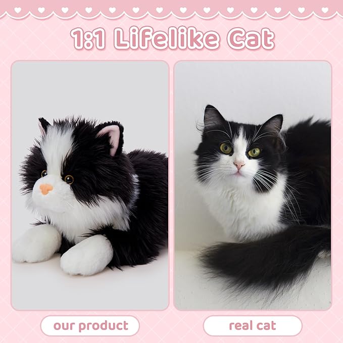 Tezituor 5Pcs Cat Stuffed Animals Set, 20 inch Large Realistic Stuffed Cat with 4 Cute Kittens Baby, Soft Black and White Ragdoll Plush Body Pillow for Boys Girls