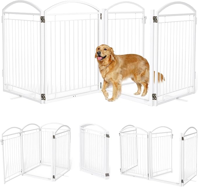 Full Metal Free Standing Dog Gate with Door for Outdoor Indoor,96'' Extra Wide 32'' Tall Dog Gates for Doorways,Large Openings,Decks,Porch,Freestanding Portable Pet Fence(4 Panels,White)