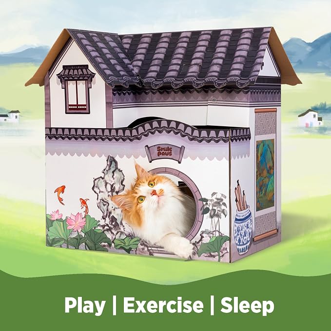 SMILE PAWS Cat Beds for Indoor Cats, Cardboard House with Scratchers, Tea House, Large Sturdy Cat Furniture Condo Cave Tent, Easy to Assemble Pet Toys Accessories Stuffs, Bunny Small Animals