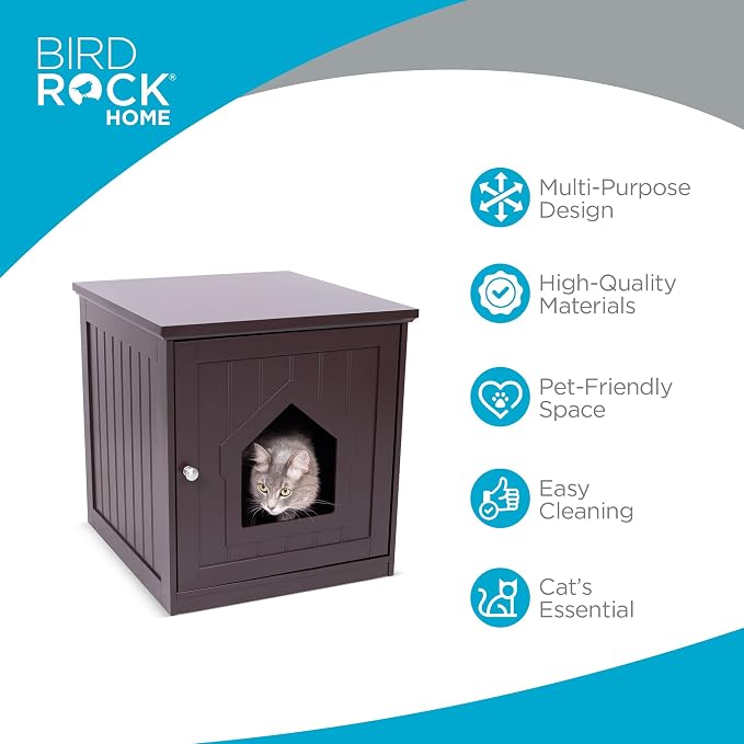 BIRDROCK HOME Cat Litter Box Furniture Enclosure - Hidden Kitty Litter Cat House with Hinged Door, Nightstand, Side Table & Pet Crate, Indoor & Outdoor Wood Cabinet for Small Cats and Dogs - Espresso