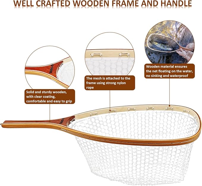 ONROCL Fly Fishing Net Trout Net with Magnetic Release and Rod Holder Wooden Frame Landing Net with Soft Rubber Mesh for Catch and Release (Clear Small Holes)