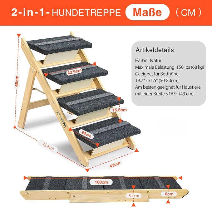 Wooden Dog Stairs& Dog Steps, 2-in-1 Foldable Dog Steps for High Beds, Couch and Cars, Anti-Slip Pet Ramp with 4 Steps Indoor Pet Stairs for Small Medium Large Older Pet Cats up to 150lbs