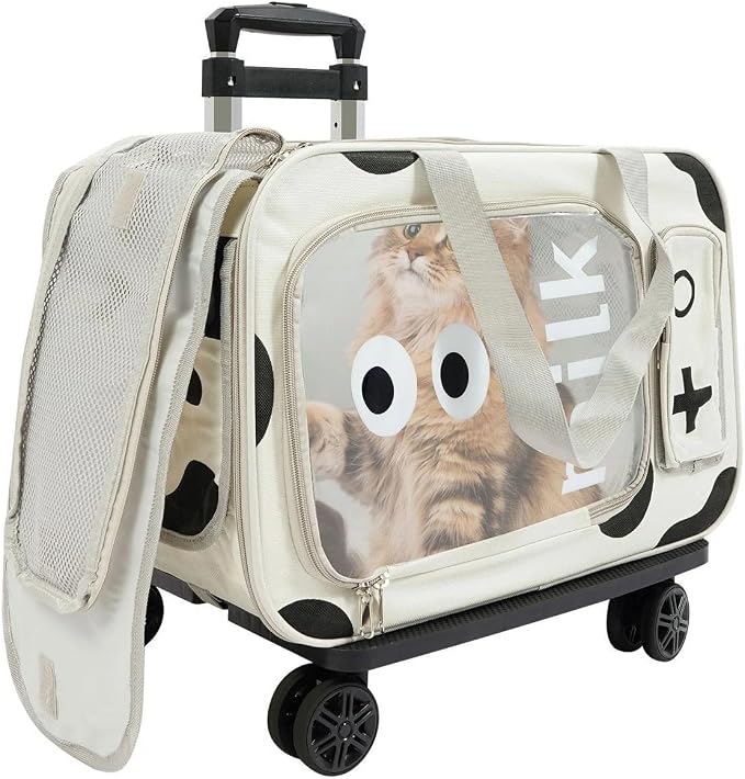 Pet Carrier, Portable Clear Cat Bag with Wheels & Telescopic Handle, Foldable Pet Trolley Bag, Breathable Rolling Cat Carriers Backpack for Hiking, Outdoor Walking