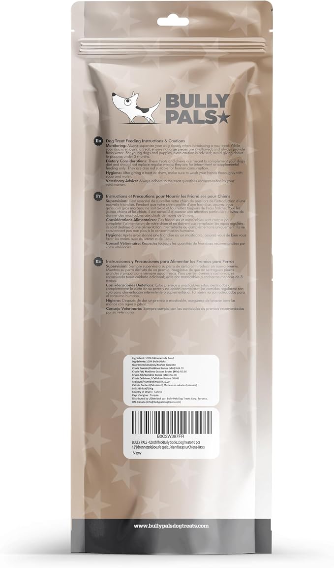12 inch Thick Bully Sticks for Medium & Large Dogs (10 Pack) - Long Lasting Dog Bones & Dental Chews, Durable Pizzle Sticks, Easily Digestible, Rawhide Free Beef Dog Treats