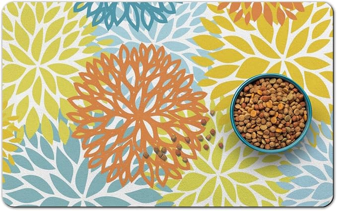 Dog Food Mats for Floors, Absorbent and Quick-Drying Pet Cat Food Mat,Anti-Fouling and Easy-to-Clean Pet Feeding Mat,Dog Bowl Mat for Messy Drinking Water Bowls.17x32, Bohemia Dahlia Floral Style
