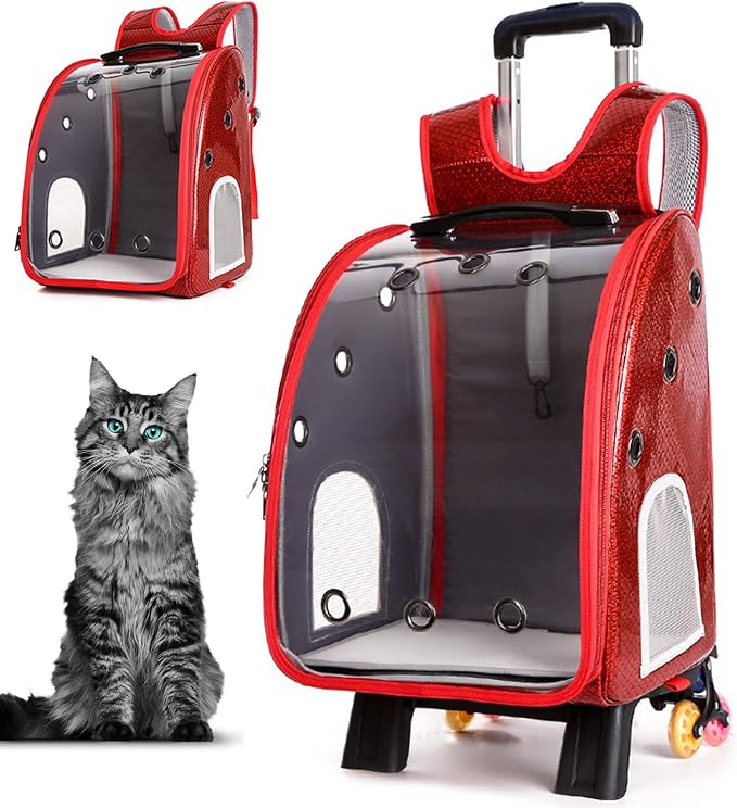 Pet Travel Rolling Carrier Backpack with Removable Wheels,Portable Foldable Breathable Airline Approved Hiking Soft-Sided Carrying Bag Trolley for Small Dogs And Cats with Mesh Ventilation Windows