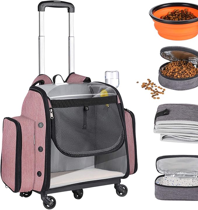 Pet Travel Carrier with Wheels, Pet Rolling Carrier Backpack for Dogs and Cats, Cat Luggage Bag, Includes 1 Cat Food Travel Box, 1 Cat Litter Box, 1 Water Bottle, 2 Collapsible Travel Dog Bowls
