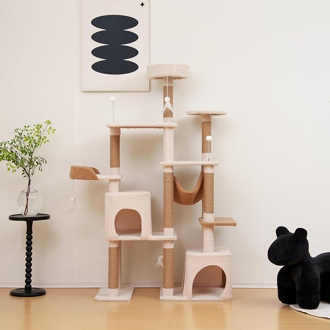 Cat Tree 67in Cat Tower Scratching Post for Cats Tree Tower Furniture for Cats Plush Multi-Level Cat Condo (Beige)