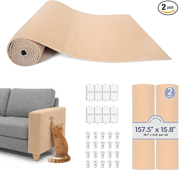 157.5" x 15.8" Cat Scratch Furniture Protector, Self-Adhesive Couch Protector from Cat Claws, Cats Scratching Mat for Couch, Sofa, Wall & Door, DIY Cat Scratch Pads Replacement, 2 Pack (Khaki)