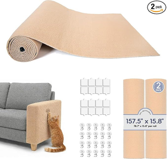 157.5" x 15.8" Cat Scratch Furniture Protector, Self-Adhesive Couch Protector from Cat Claws, Cats Scratching Mat for Couch, Sofa, Wall & Door, DIY Cat Scratch Pads Replacement, 2 Pack (Khaki)