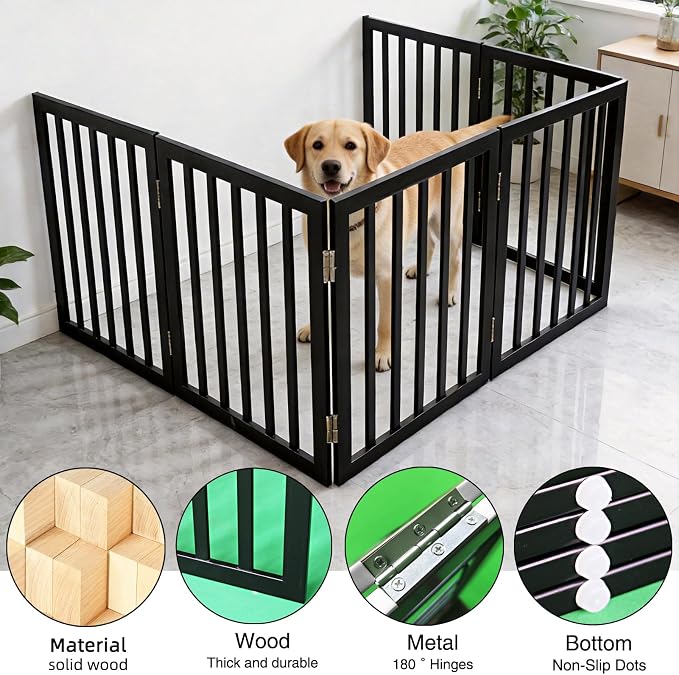 Dog Gate Indoor, Freestanding Dog Fence for The House, Doorways, Hallways,or Stairs,Pet Gate Foldable Wooden,Expandable 32" Height 6 Panels,Black