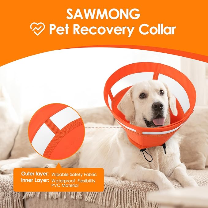 SAWMONG Soft Cone for Dogs – Large Dog Recovery Collar, Adjustable E-Collar to Stop Licking After Surgery (L, Orange)