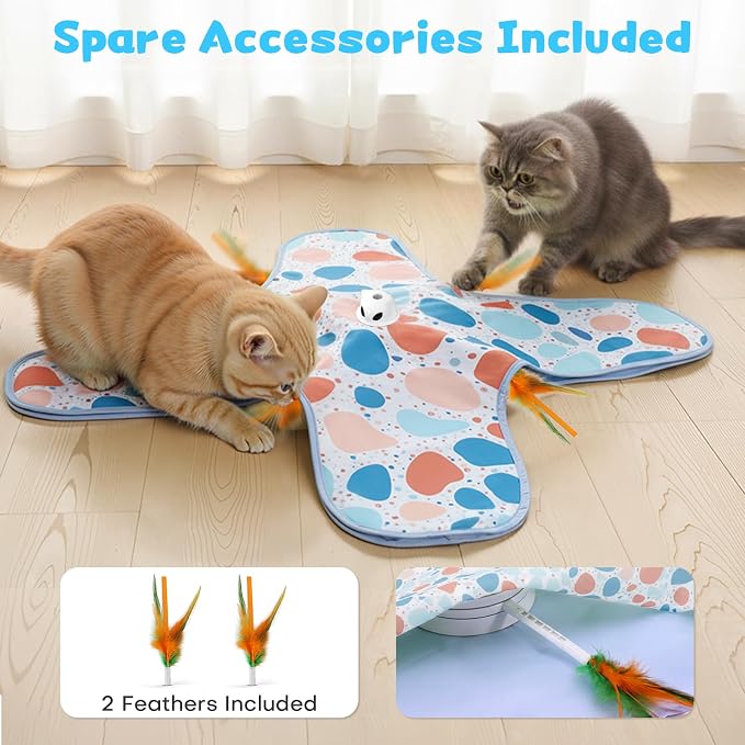 Interactive Cat Toys, Hide and Seek Cat Toy, 2 in 1 Automatic Moving Concealed Feathers for Indoor Cats, Non-Slip Suction, Touch Activated, USB Rechargeable, Blue