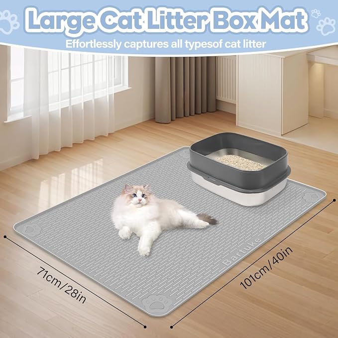 Kalolary Cat Litter Mats, 40" x 28" Extra Large Silicone Cat Mat for Litter Box, Easy to Clean Kitty Litter Trapping Mat, Soft on Kitty Paws, Waterproof, Urine-Proof Kitty Litter Mats for Floor, Grey