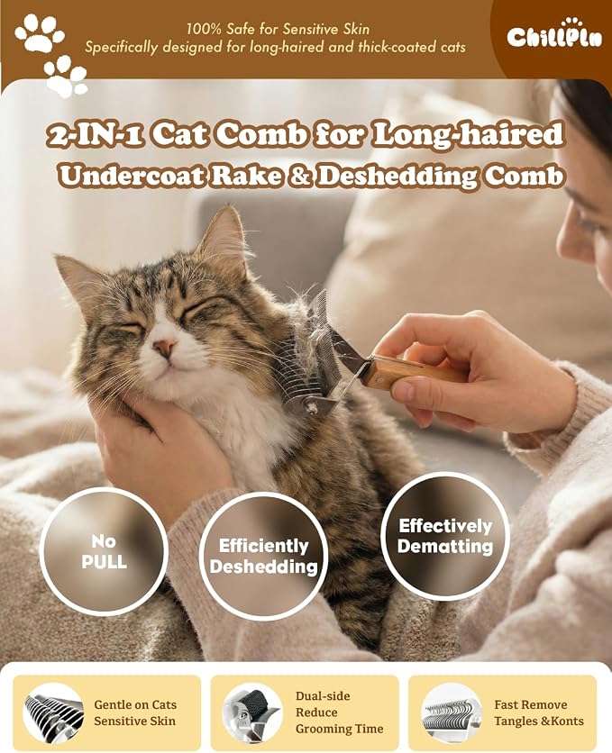 Cat Brush for Long Haired Cats - Double Sided | Professional Dematting Undercoat Rake for Ragdoll & Maine Coon Long Hair Cats - Safely Remove Mats, Tangles & Shedding