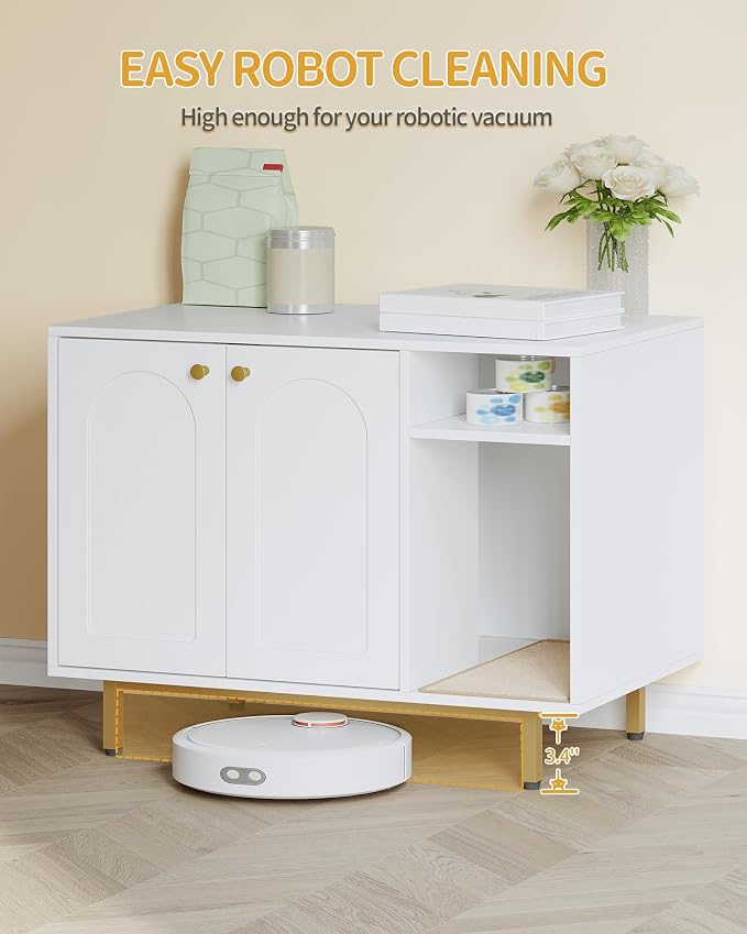 Hzuaneri Cat Litter Box Enclosure,Hidden Litter Box Furniture with Storage, Large Wooden Cabinet with Sisal Mat, Modern Cat Washroom for Living Room, Bedroom, Entryway, White and Gold 01503GCLB