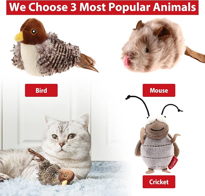 Gigwi Automatic Cat Toys Pack - Interactive Electronic Plush Toys with Bird/Cricket/Mouse Sounds for Indoor Cats to Play Alone and Squeak, 3 Pcs